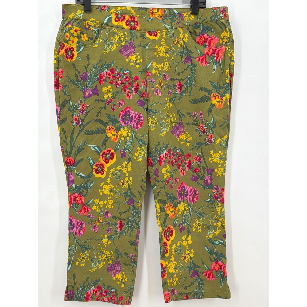 Susan Graver Weekend Olive Floral Cropped Pull On Pants 16P Petite Cottagecore
